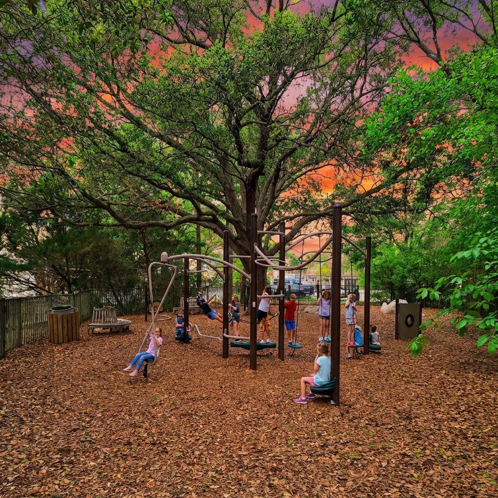 Children playing on the nature-inspired playground at Bird Island Park Ponte Vedra Beach under a large live oak