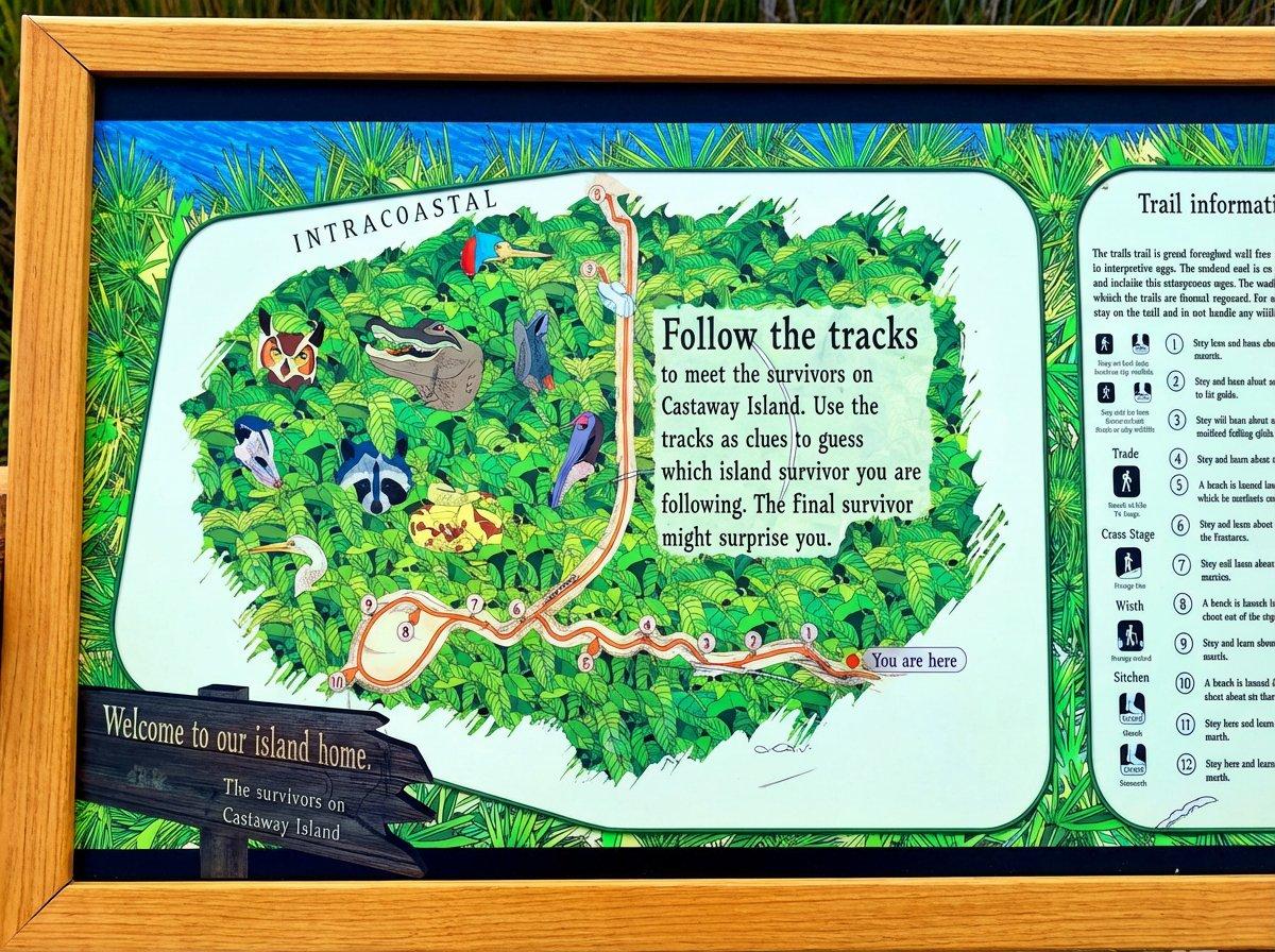 Castaway Island Preserve interpretive trail map showing animal track stations and intracoastal waterway, Jacksonville