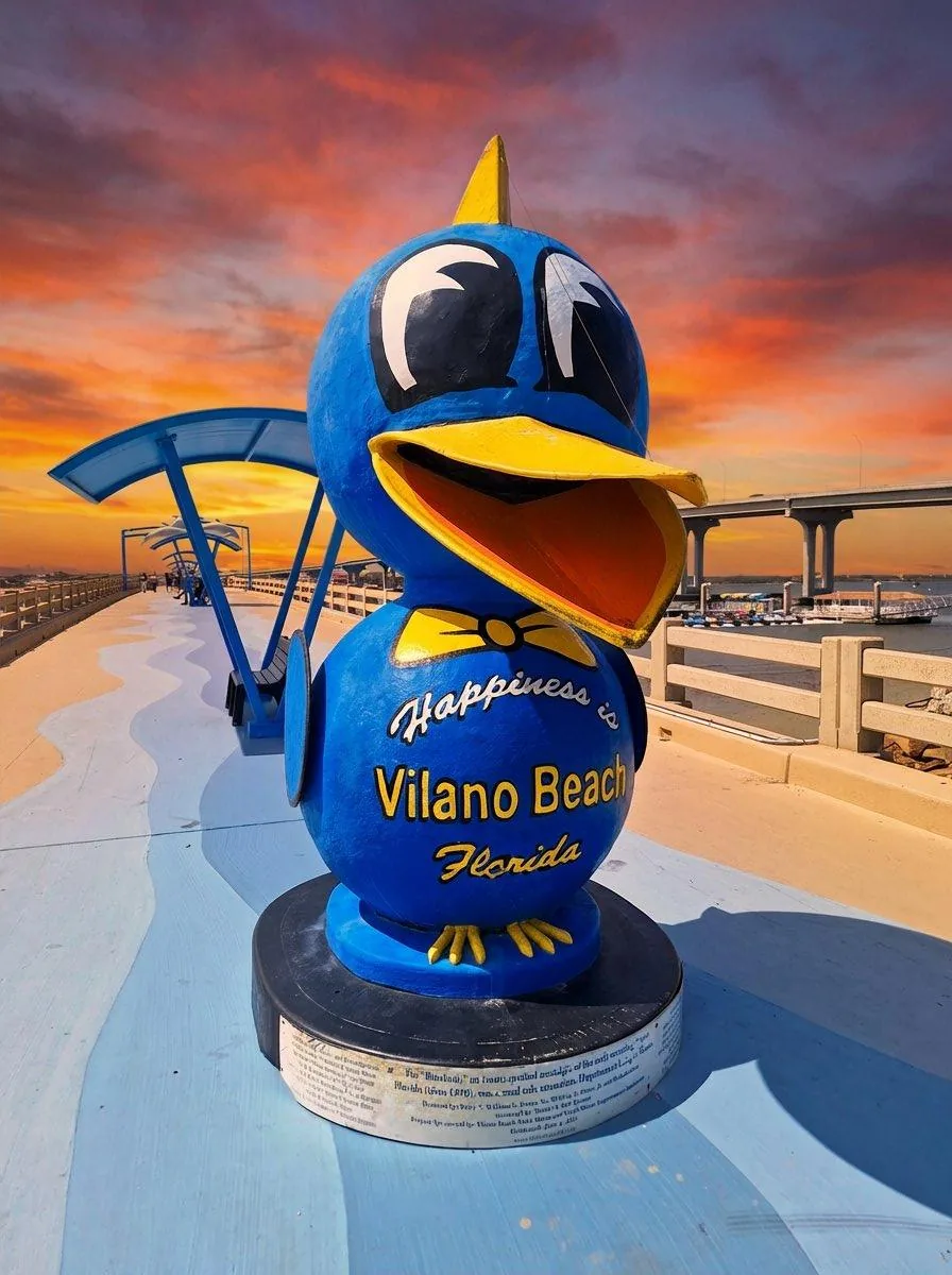 The Blue Bird of Happiness sculpture at Vilano Beach Pier reading 'Happiness is Vilano Beach Florida' at sunset with orange sky behind it