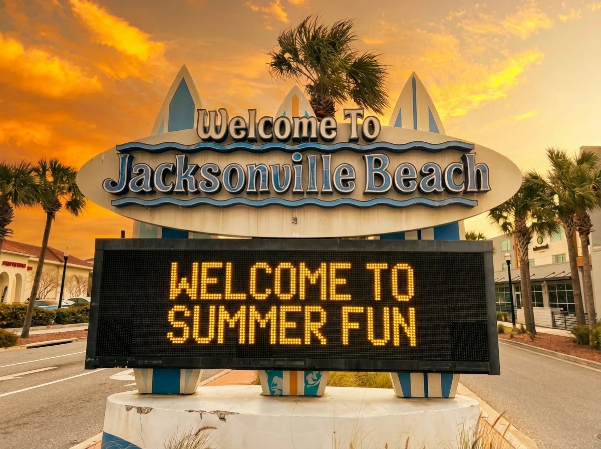 Welcome to Jacksonville Beach sign at sunset