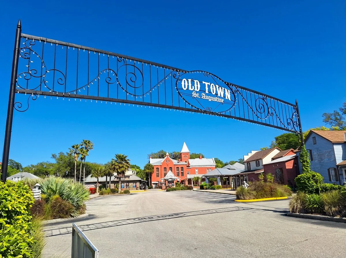 Old Town St. Augustine entrance gate with ironwork arch on San Marco Avenue