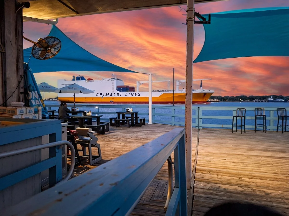 Cargo ship on the St Johns River at sunset
