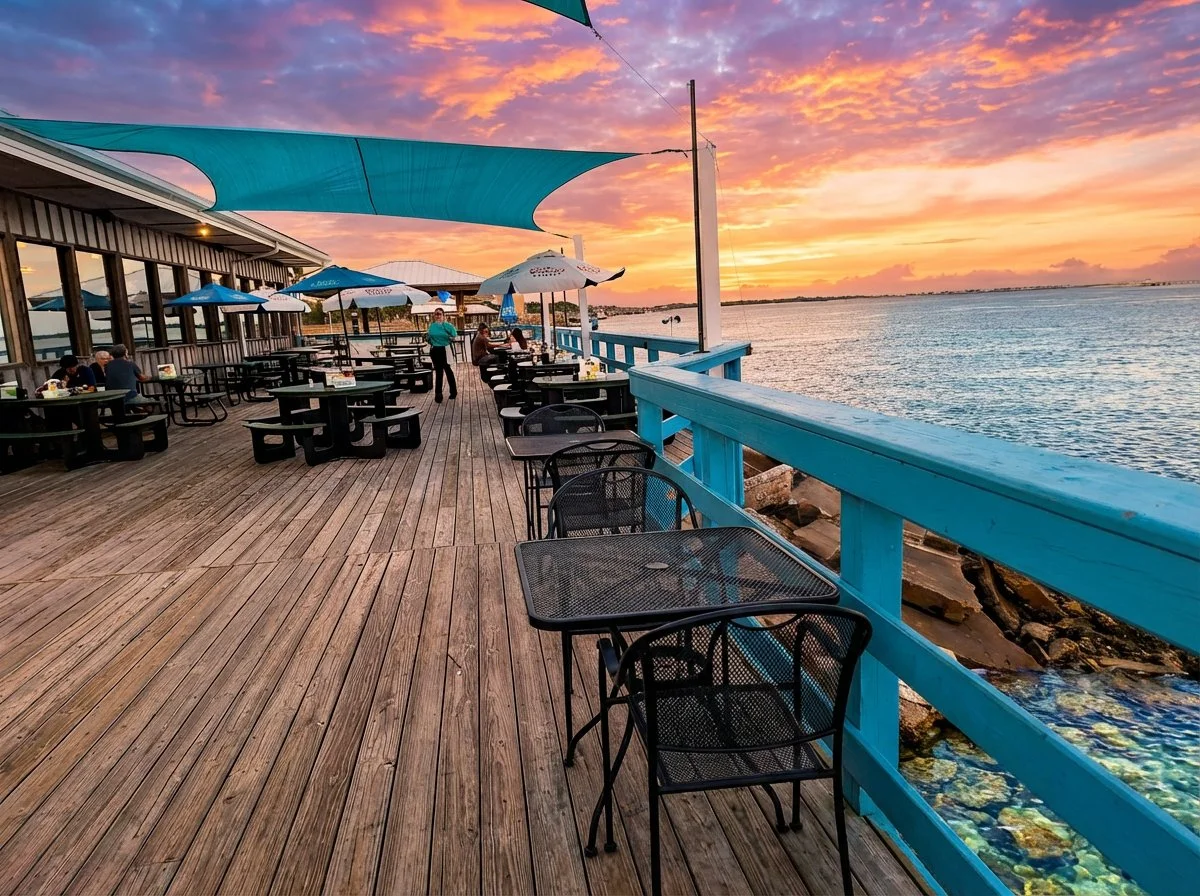 Sandollar Restaurant outdoor deck with tables at sunset and St. Johns River in background
