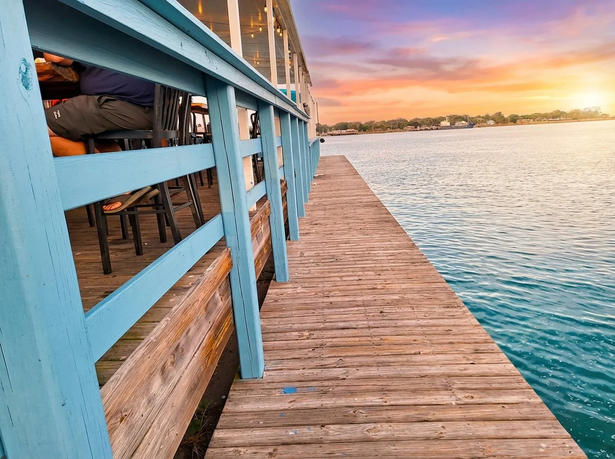 Sandollar Restaurant dock walkway along the St. Johns River at sunset